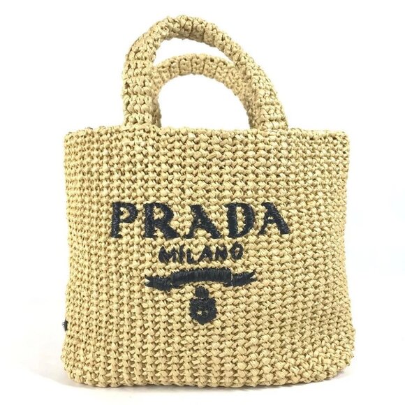 PRADA 1BG422 Basket Straw Bag Crochet Lettering Logo Tote Bag Hand Bag - Picture 2 of 9